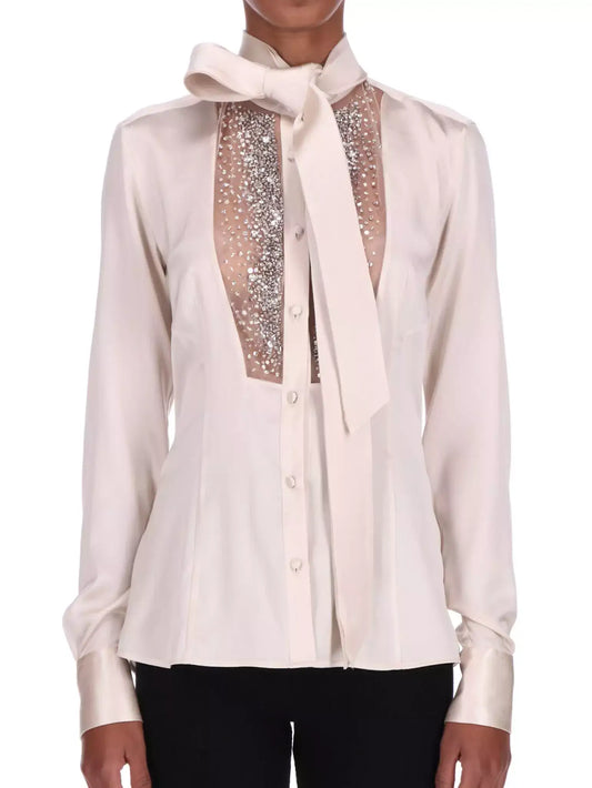 Crystal and Sequin Embellished Silk Tie-Neck Blouse - S - Tops