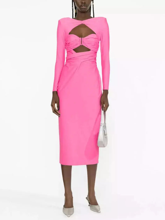 Cut-Out-Detail Pink Jersey Midi Dress - Branna Couture