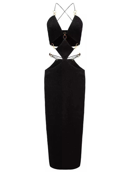 Cut-Out Gold Ring Detailed Dress, Black - Branna Couture