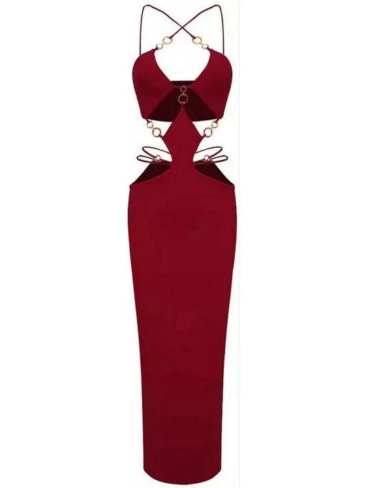 Cut-Out Gold Ring Detailed Dress, Wine - Branna Couture