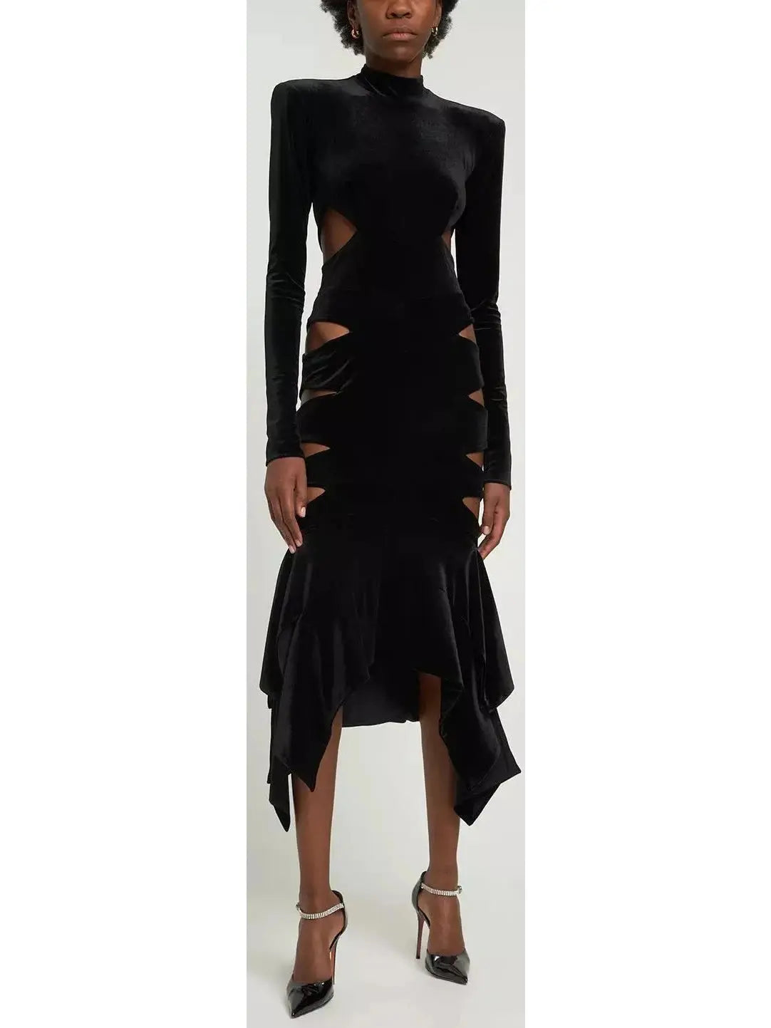 Cut-Out Velvet Mock-Neck Midi Dress - Branna Couture