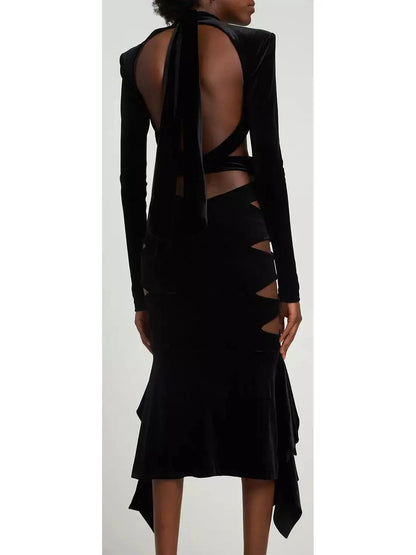 Cut-Out Velvet Mock-Neck Midi Dress - Branna Couture