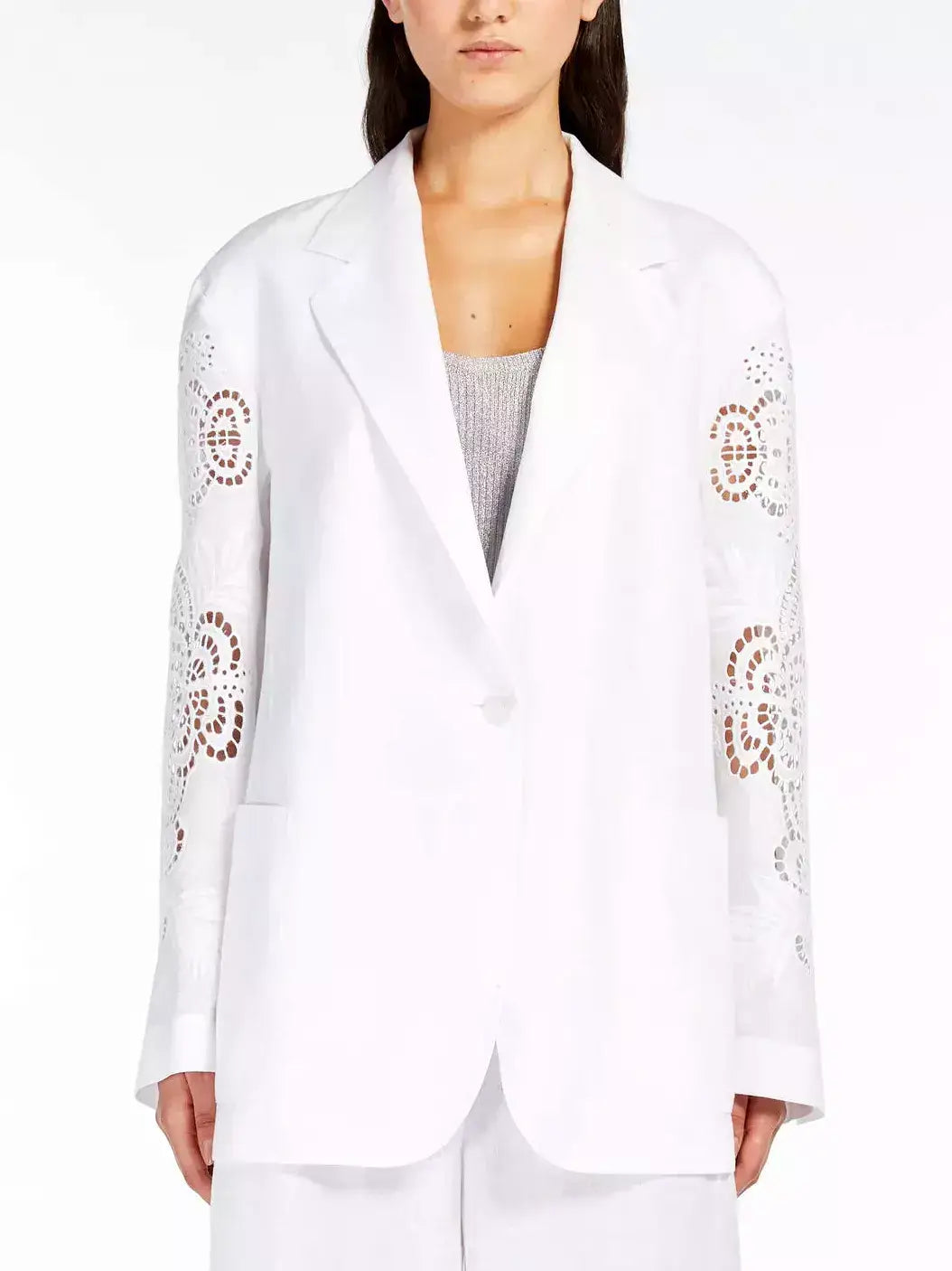 Cut-Out Embroidered-Sleeve Boxy Blazer - S / White - Jackets