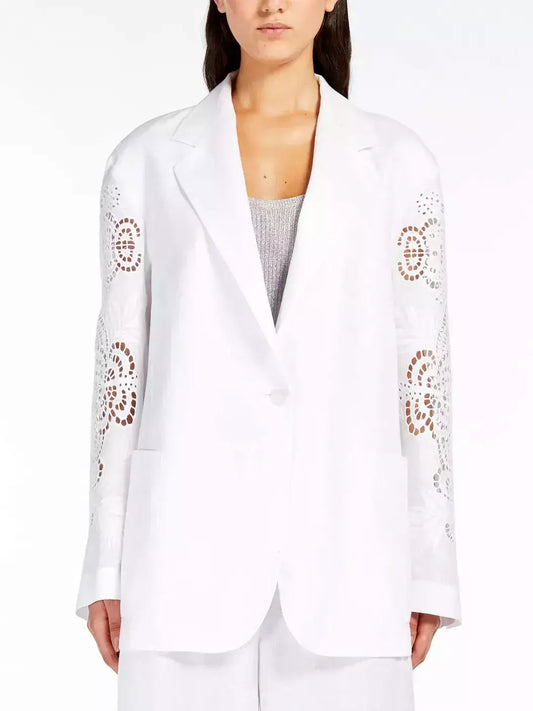 Cut-Out Embroidered-Sleeve Boxy Blazer - S / White - Jackets
