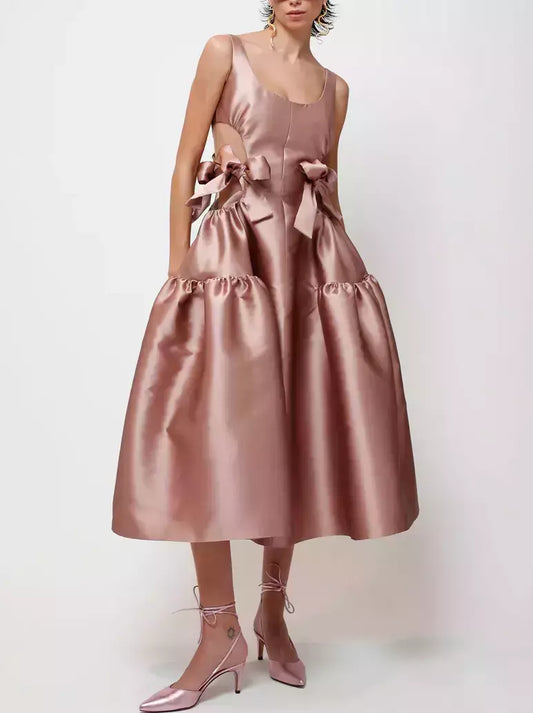 Cut-Out Flared Satin Dress with Bows Branna Couture