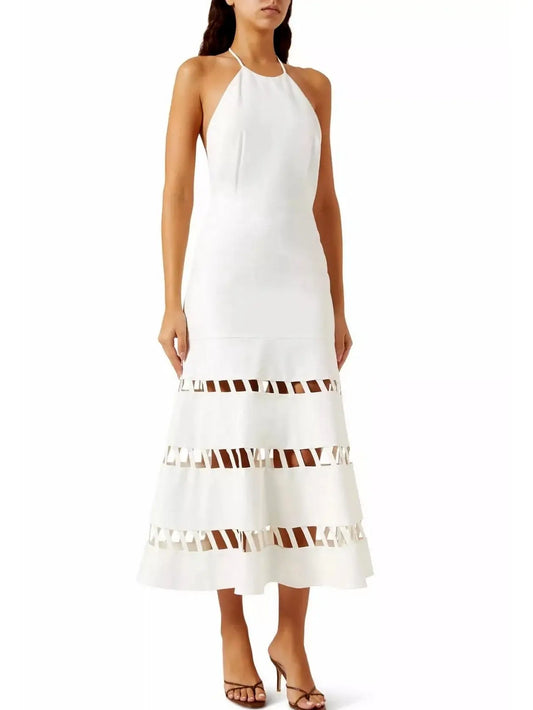 Cut-Out Halter Dress with Flared Hem - XS / White - Dresses