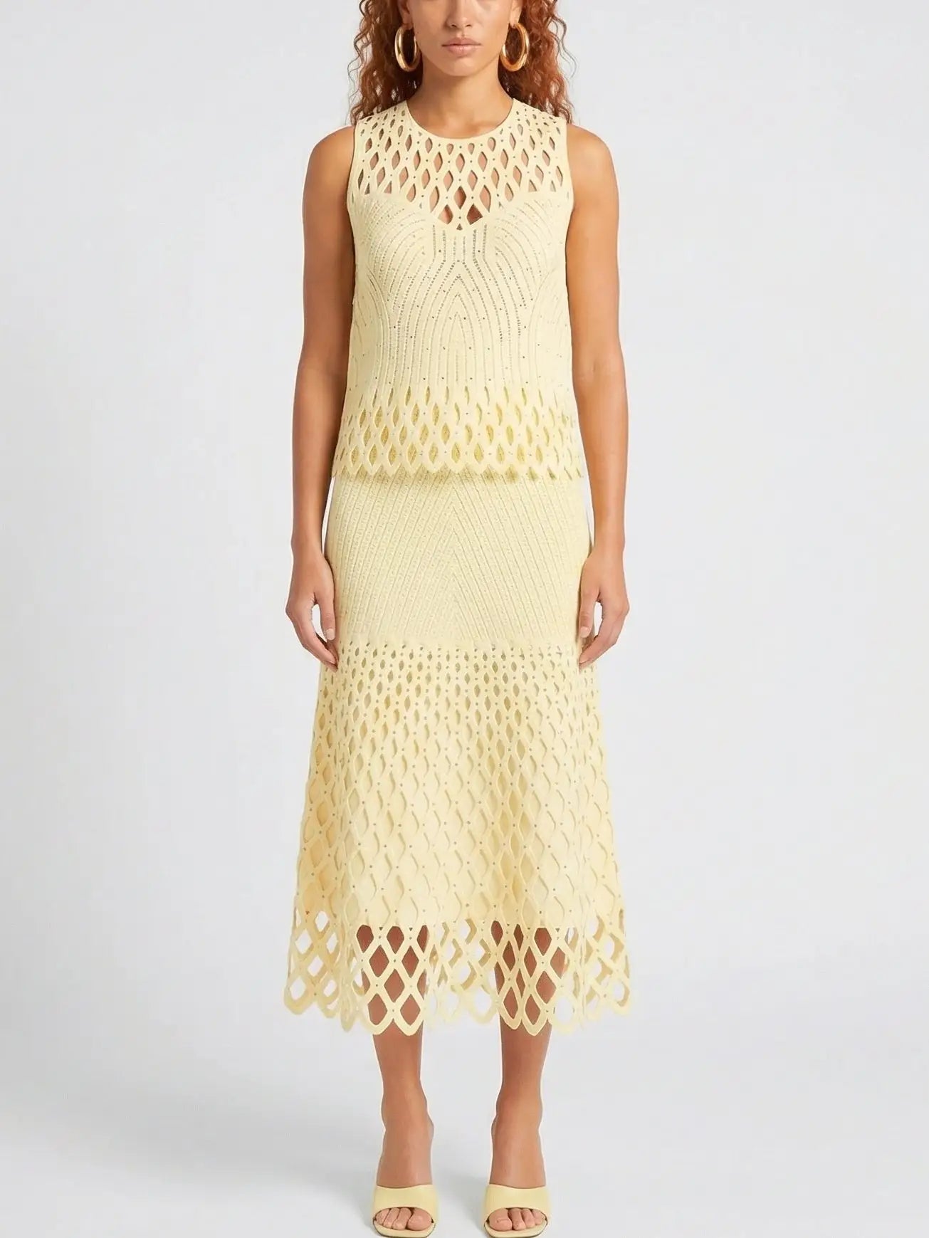Cut-Out Knit Top and Skirt Set in Pale Yellow - Small - Suits & Sets