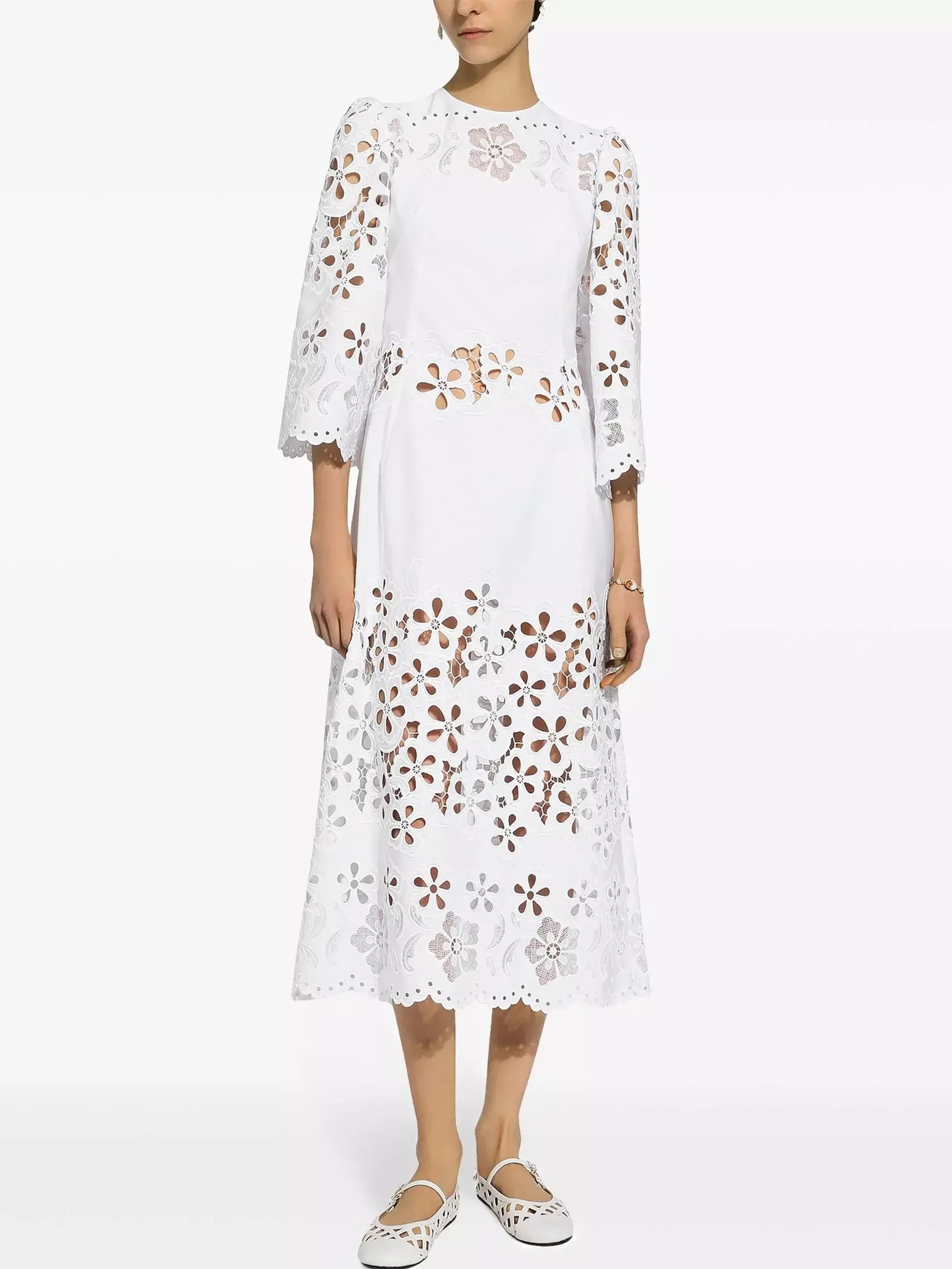 Cut-Out Mid-Calf White Cotton Dress - Small - Dresses