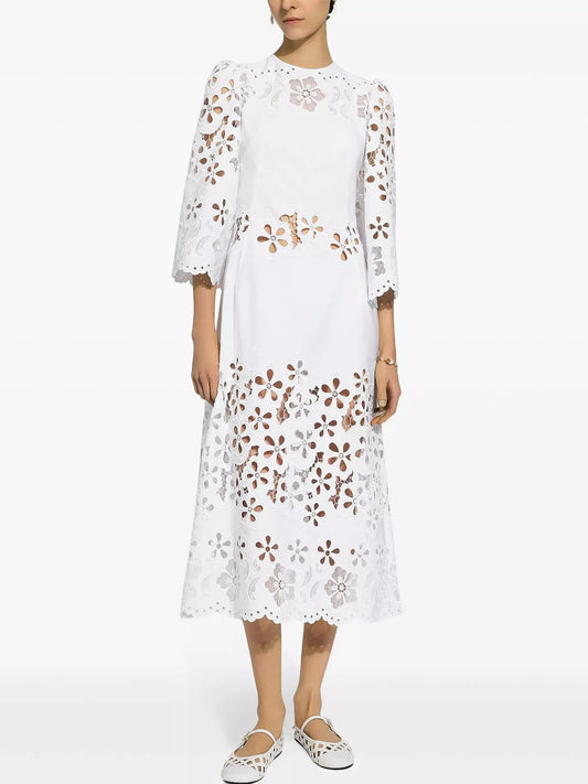 Cut-Out Mid-Calf White Cotton Dress - Small - Dresses