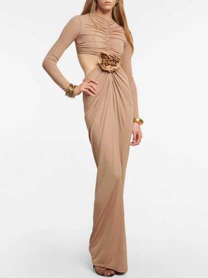 Cut-Out Waist Long Sleeve Ruched Jersey Gown - S - Dresses