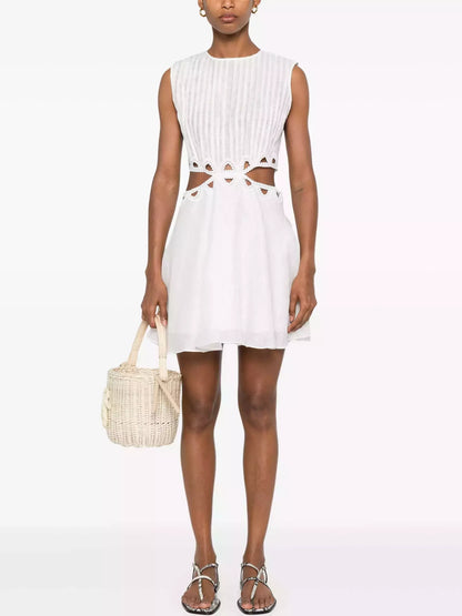 Cut-Out White Embroidered Sleeveless Mini Dress - Small - Dresses