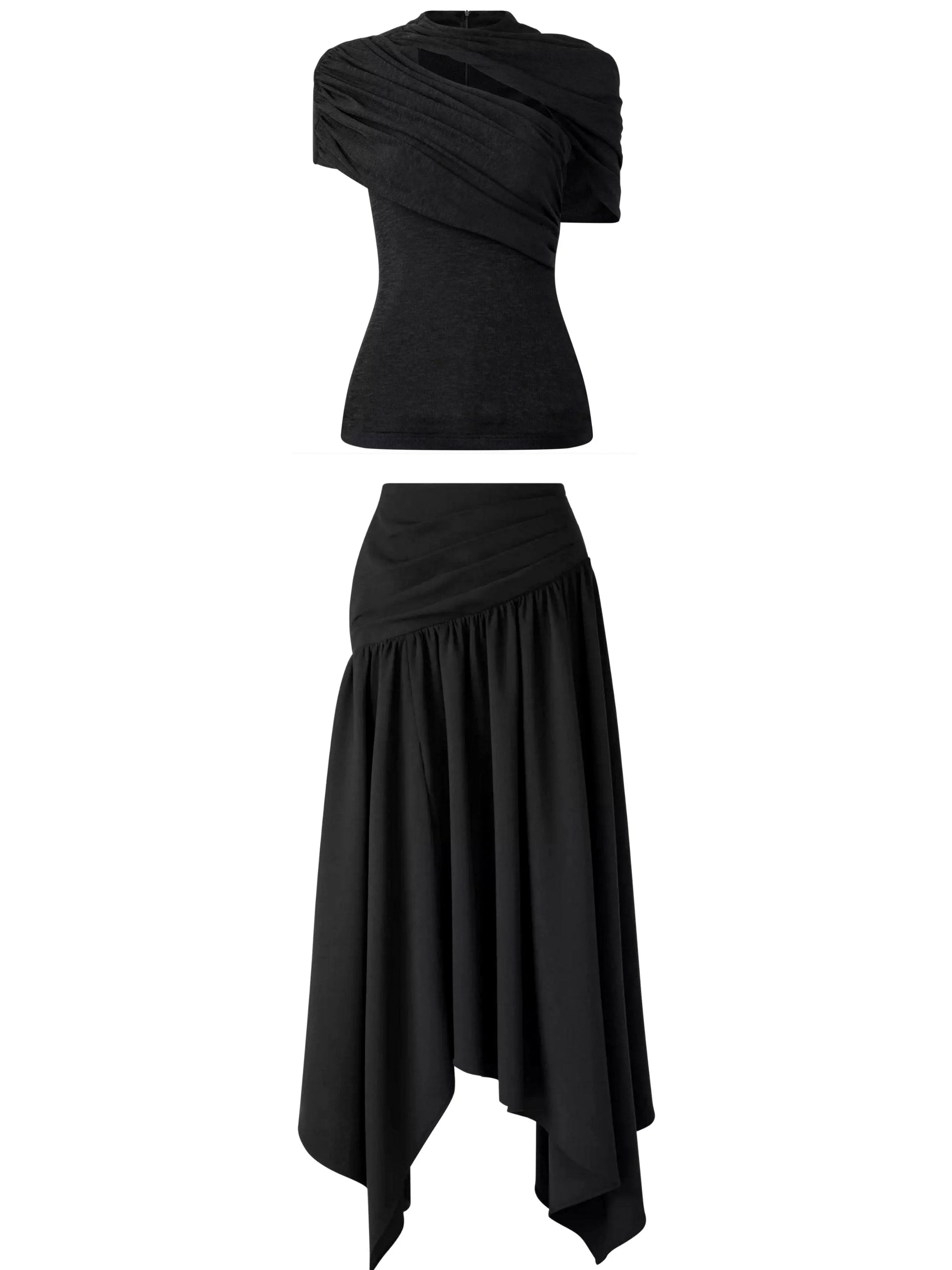 Cut-Out Draped Top and Skirt Set - S / Black - Suits & Sets