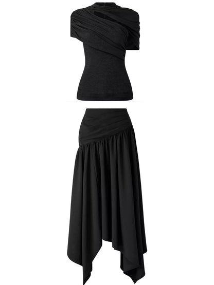 Cut-Out Draped Top and Skirt Set - S / Black - Suits & Sets