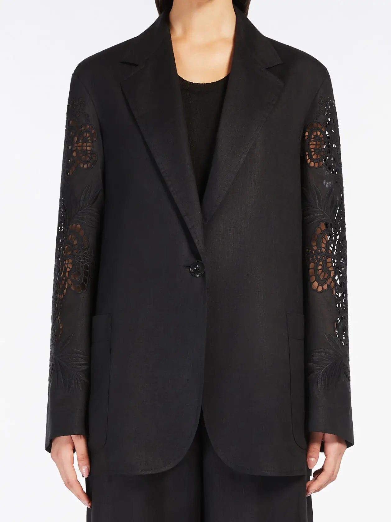 Cut-Out Embroidered-Sleeve Boxy Blazer - S / Black - Jackets