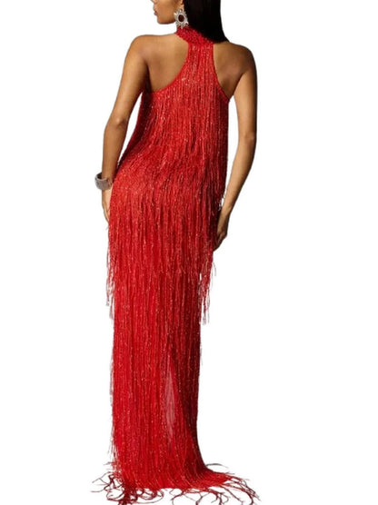 Cut-Out Fringed Halter-Neck Gown in Red - Dresses