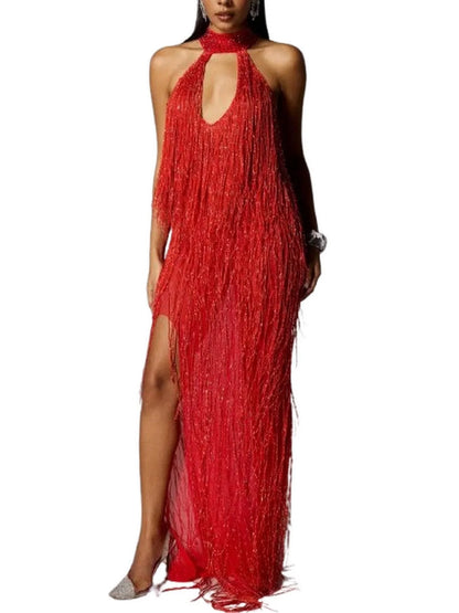 Cut-Out Fringed Halter-Neck Gown in Red - Dresses
