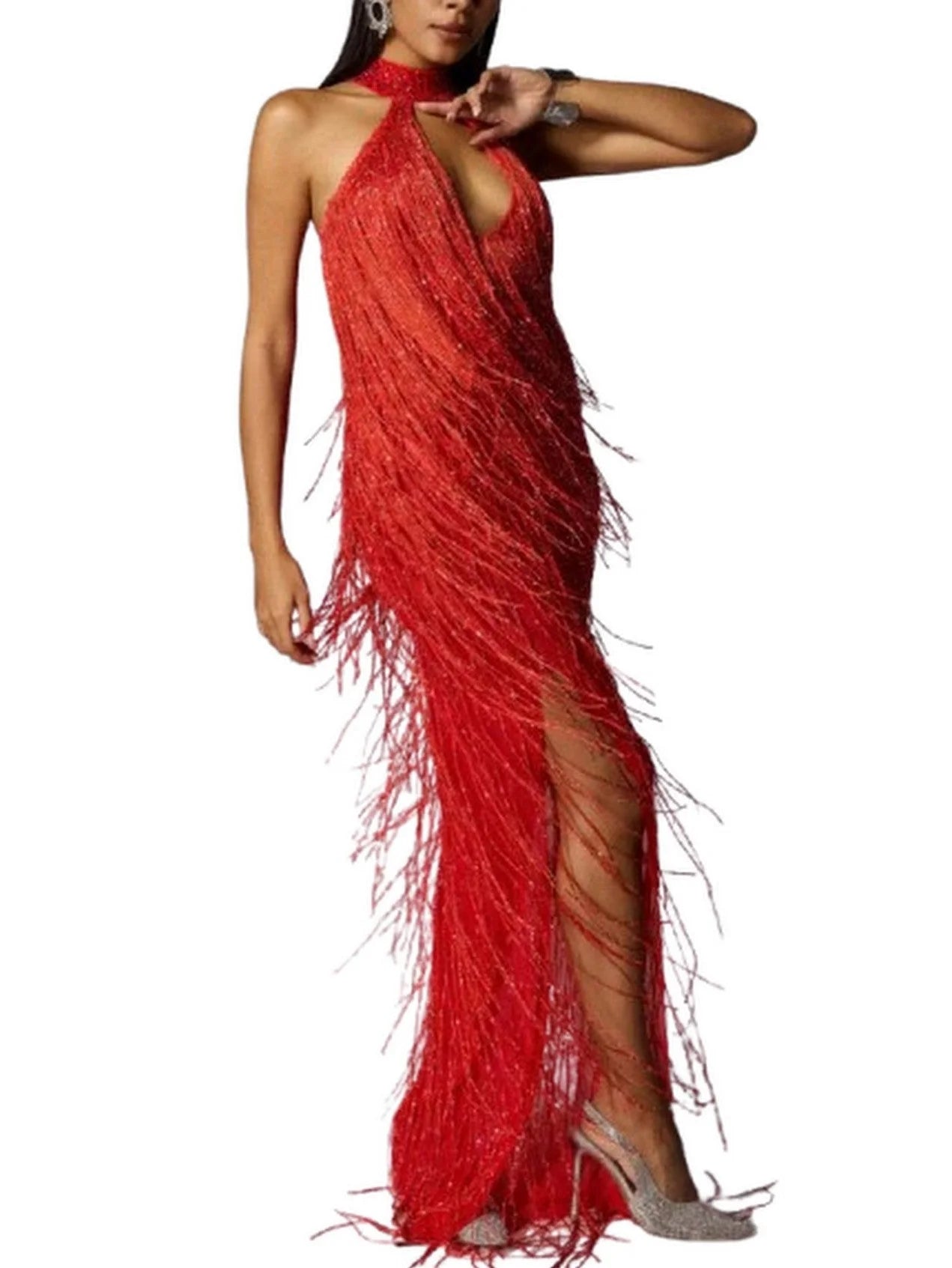 Cut-Out Fringed Halter-Neck Gown in Red - Dresses