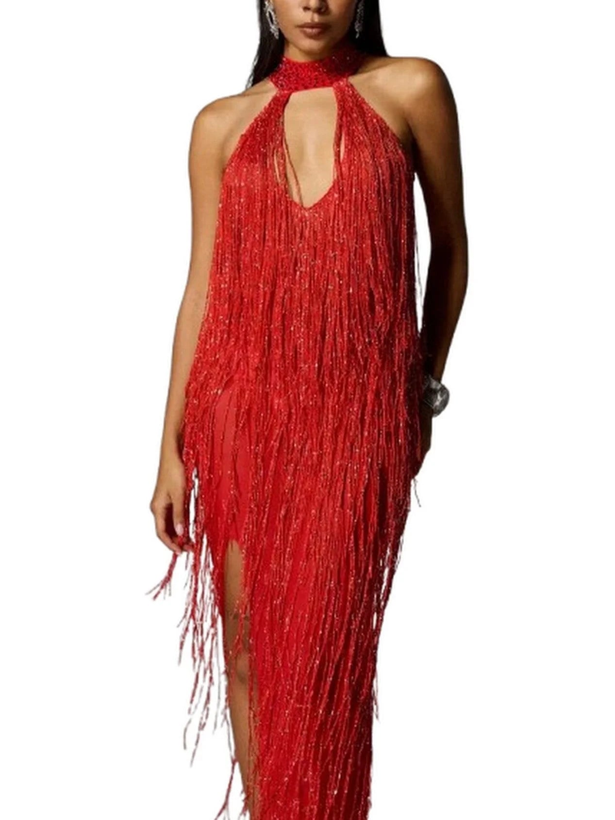 Cut-Out Fringed Halter-Neck Gown in Red - Dresses