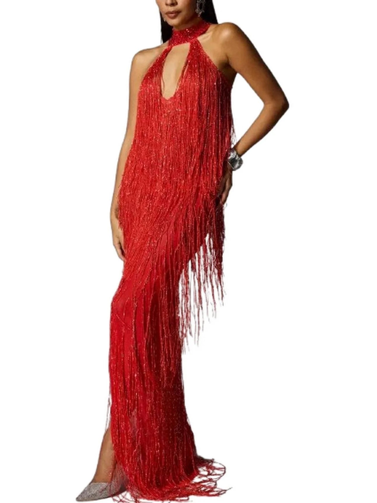 Cut-Out Fringed Halter-Neck Gown in Red - Dresses