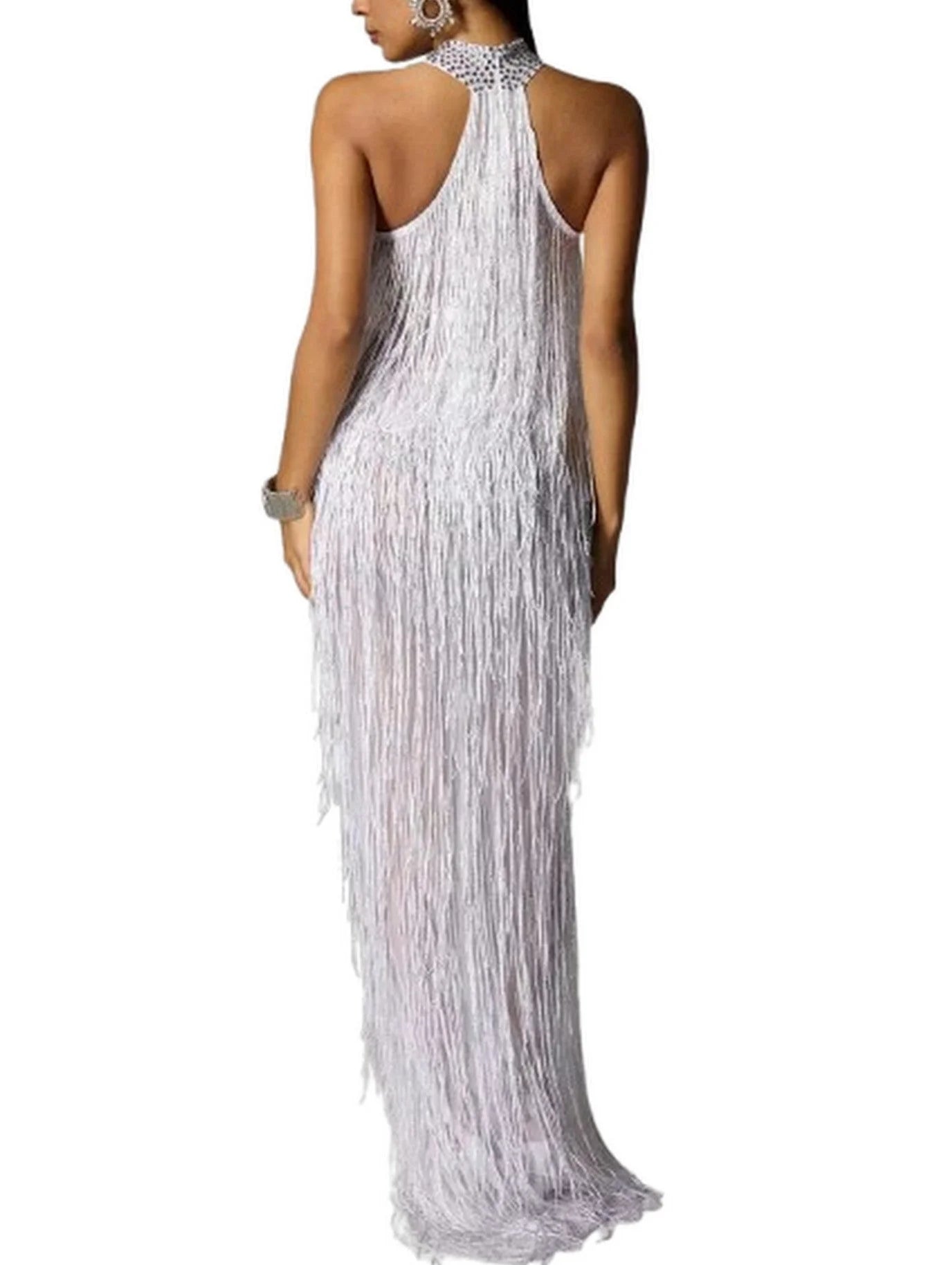 Cut-Out Fringed Halter-Neck Gown in White - Dresses