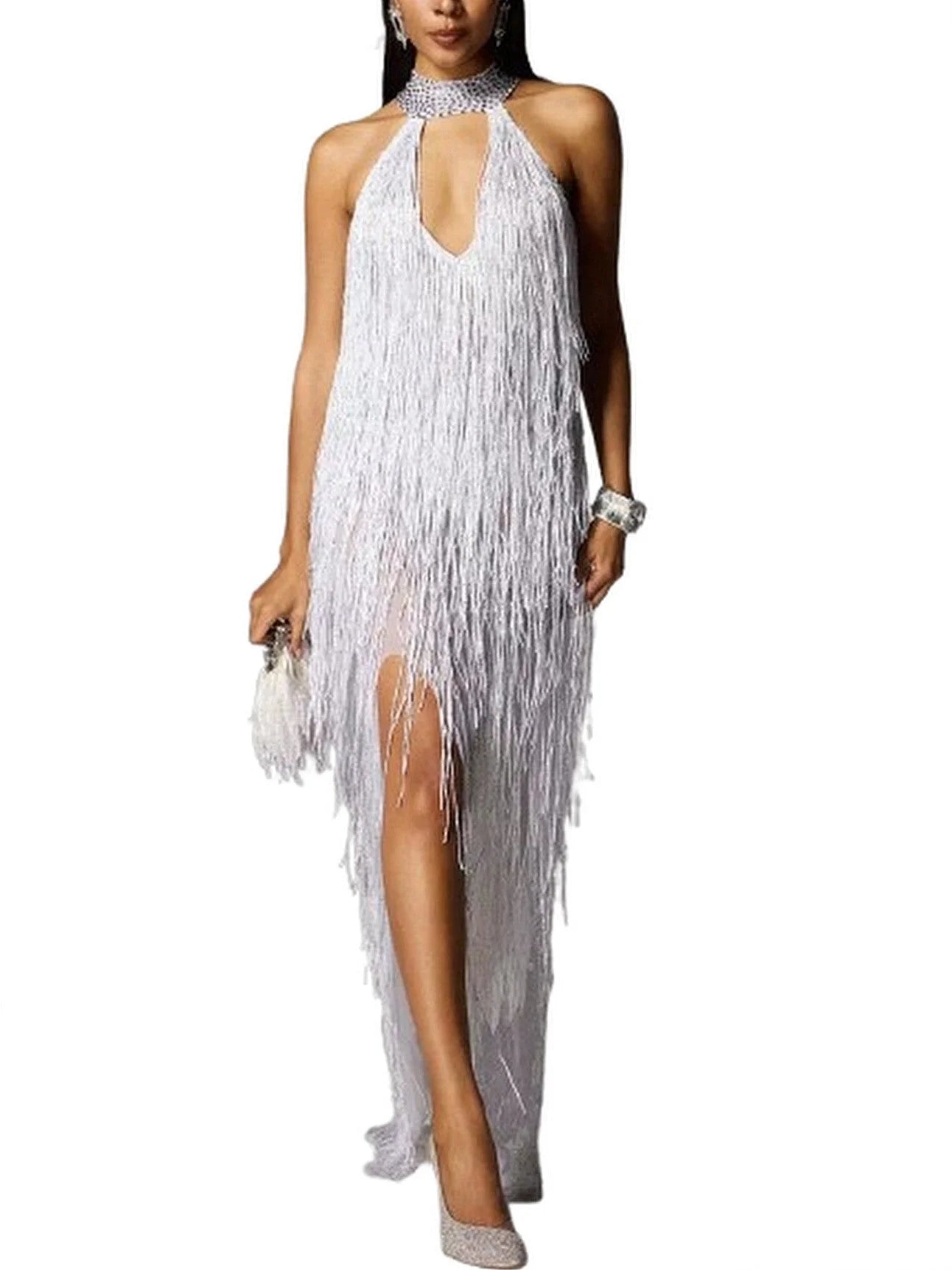 Cut-Out Fringed Halter-Neck Gown in White - Dresses