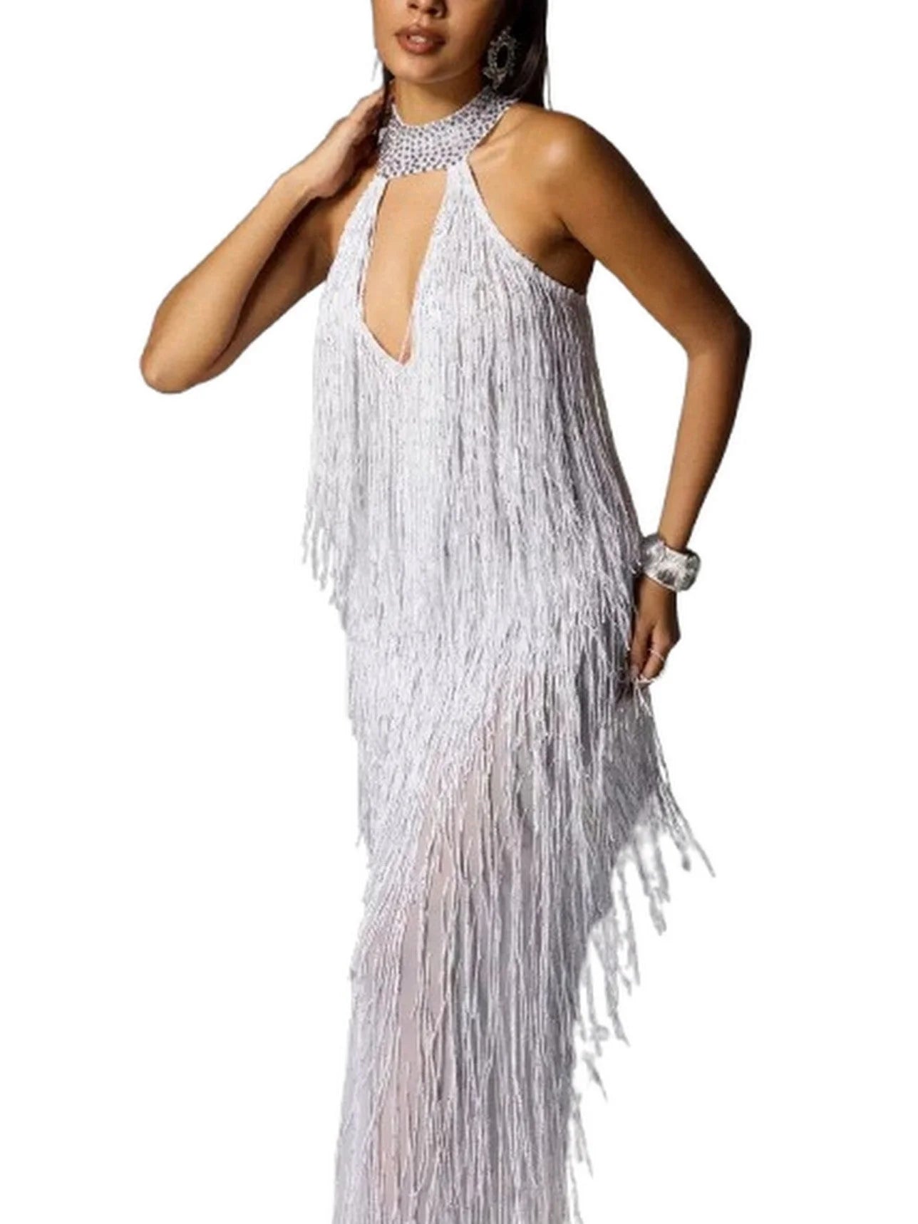 Cut-Out Fringed Halter-Neck Gown in White - Dresses