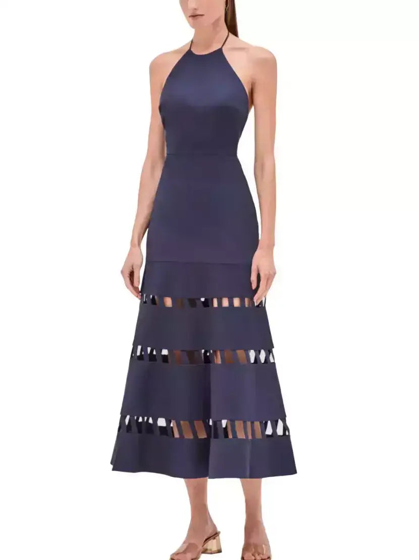 Cut-Out Halter Dress with Flared Hem - XS / Navy - Dresses