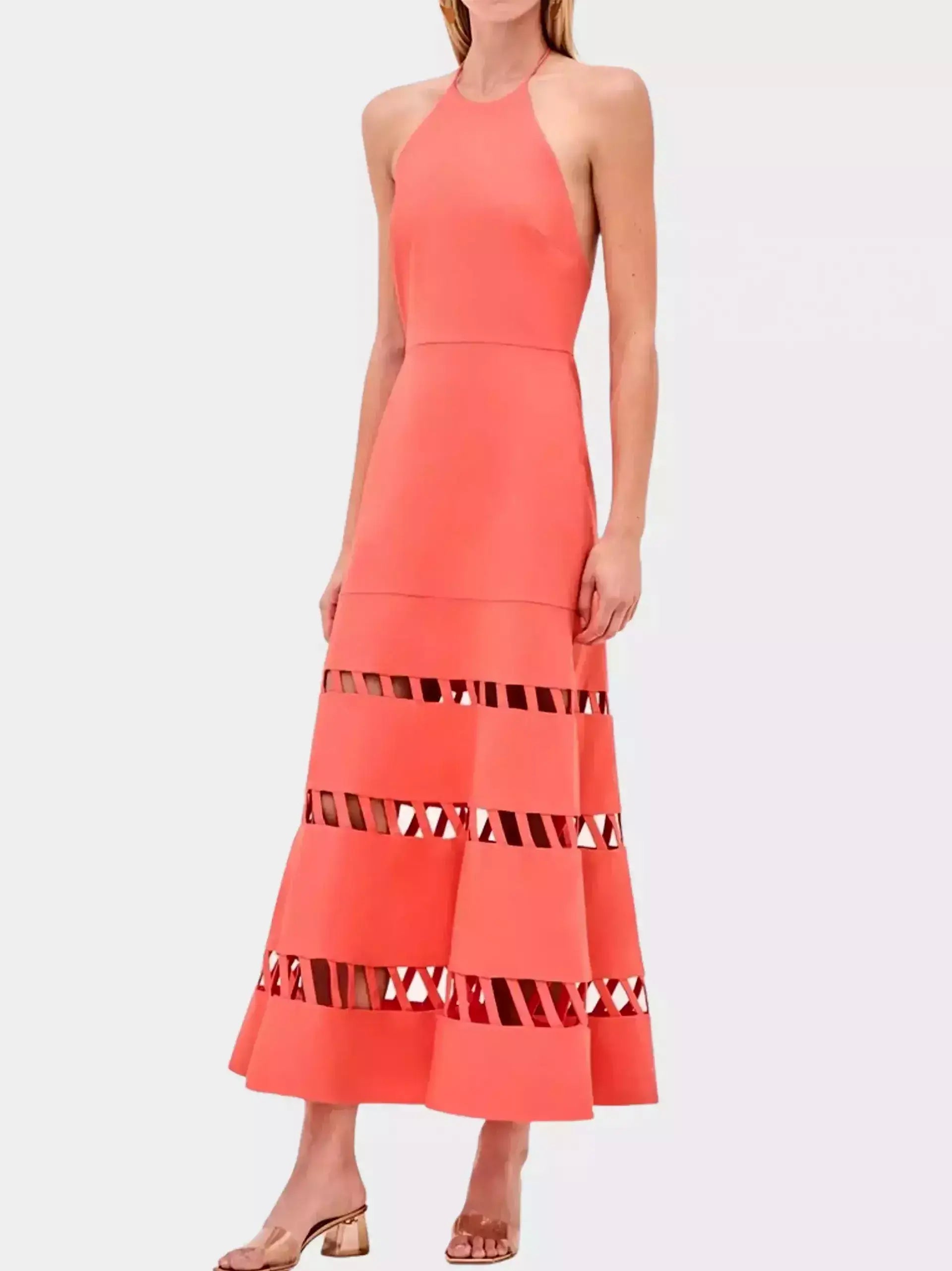 Cut-Out Halter Dress with Flared Hem - XS / Coral Red - Dresses