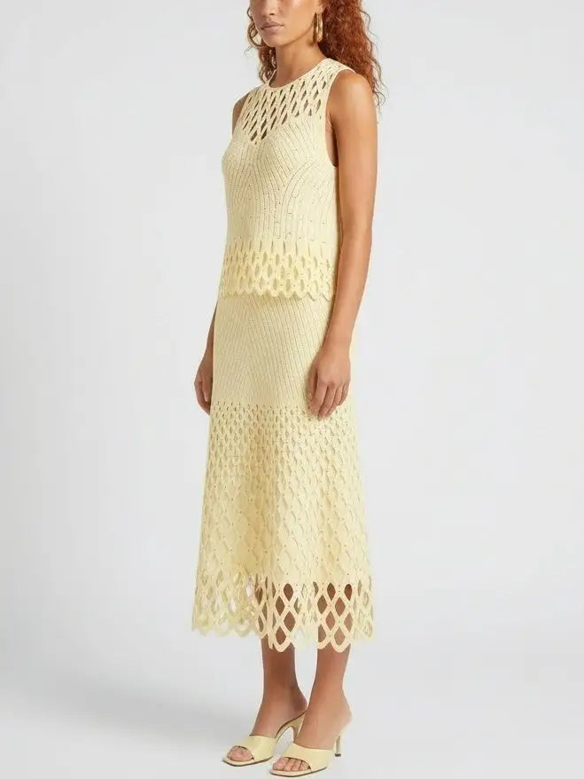 Cut-Out Knit Top and Skirt Set in Pale Yellow - Suits & Sets