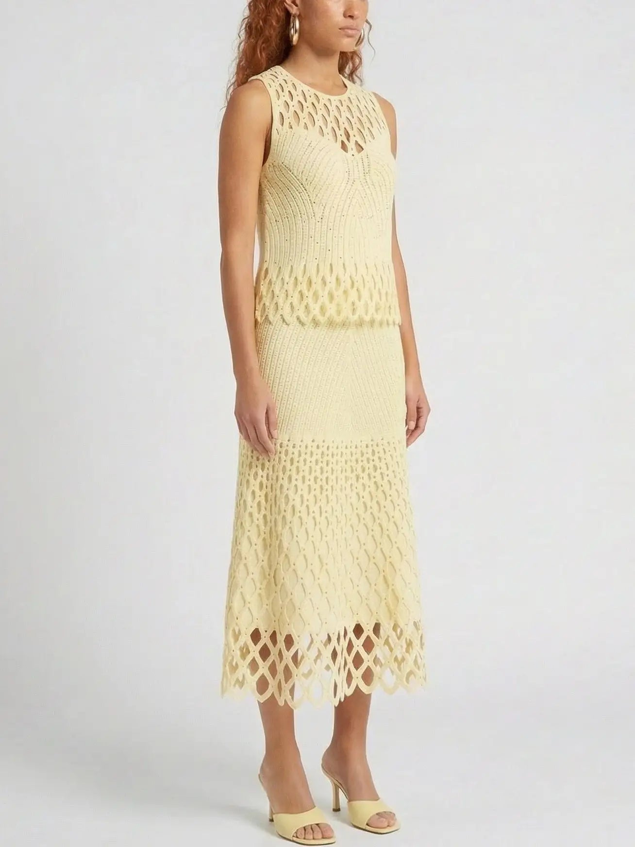 Cut-Out Knit Top and Skirt Set in Pale Yellow - Suits & Sets
