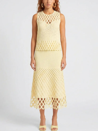 Cut-Out Knit Top and Skirt Set in Pale Yellow - Suits & Sets