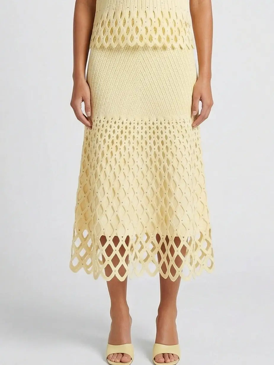 Cut-Out Knit Top and Skirt Set in Pale Yellow - Suits & Sets