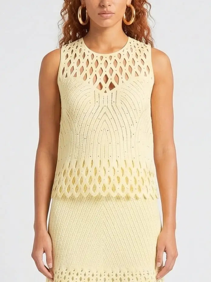 Cut-Out Knit Top and Skirt Set in Pale Yellow - Suits & Sets