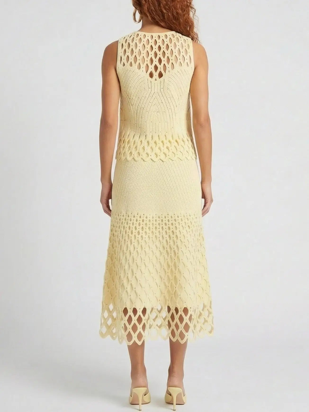 Cut-Out Knit Top and Skirt Set in Pale Yellow - Suits & Sets