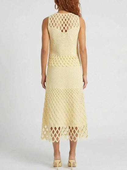 Cut-Out Knit Top and Skirt Set in Pale Yellow - Suits & Sets