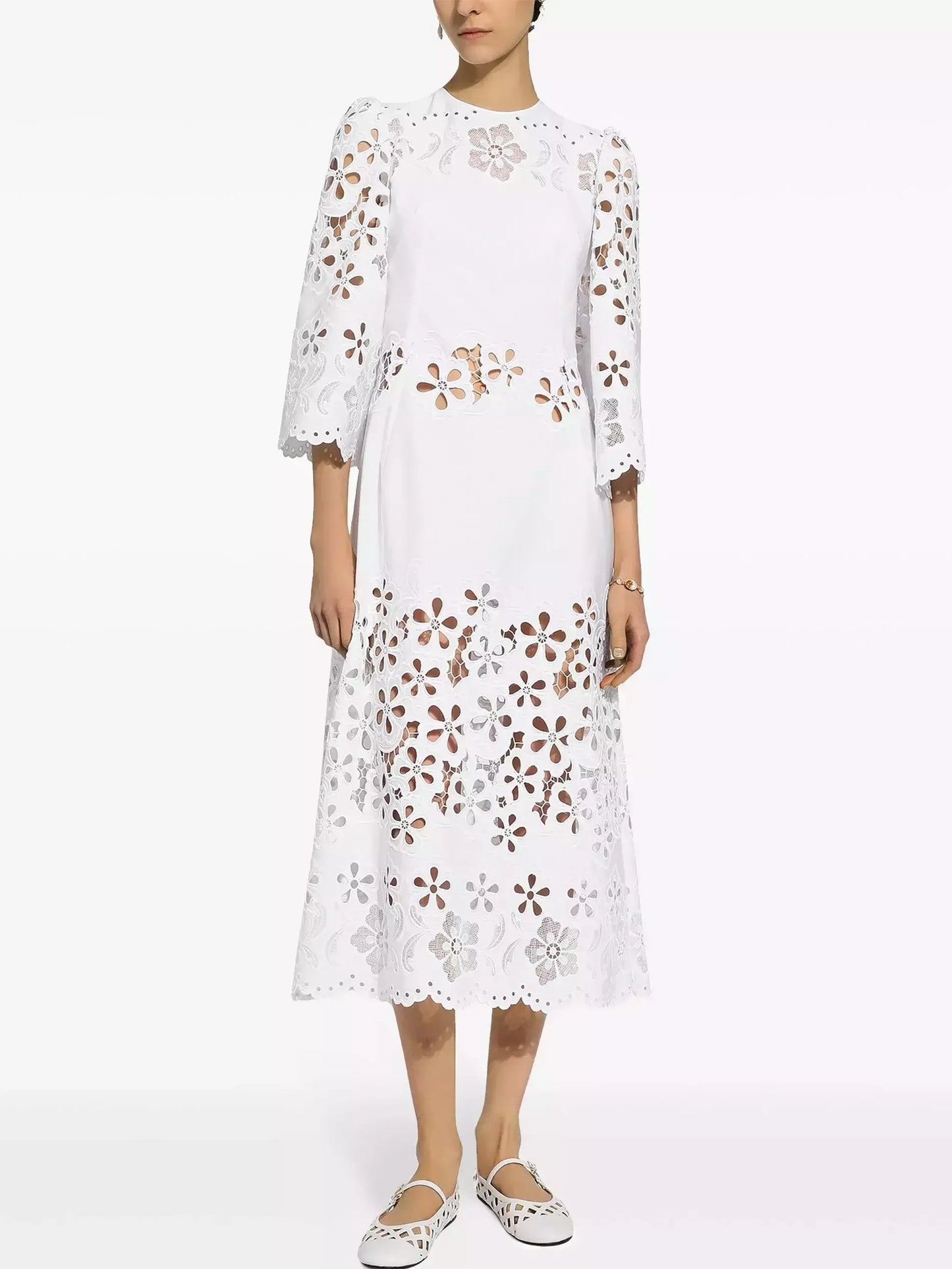 Cut-Out Mid-Calf White Cotton Dress - Dresses