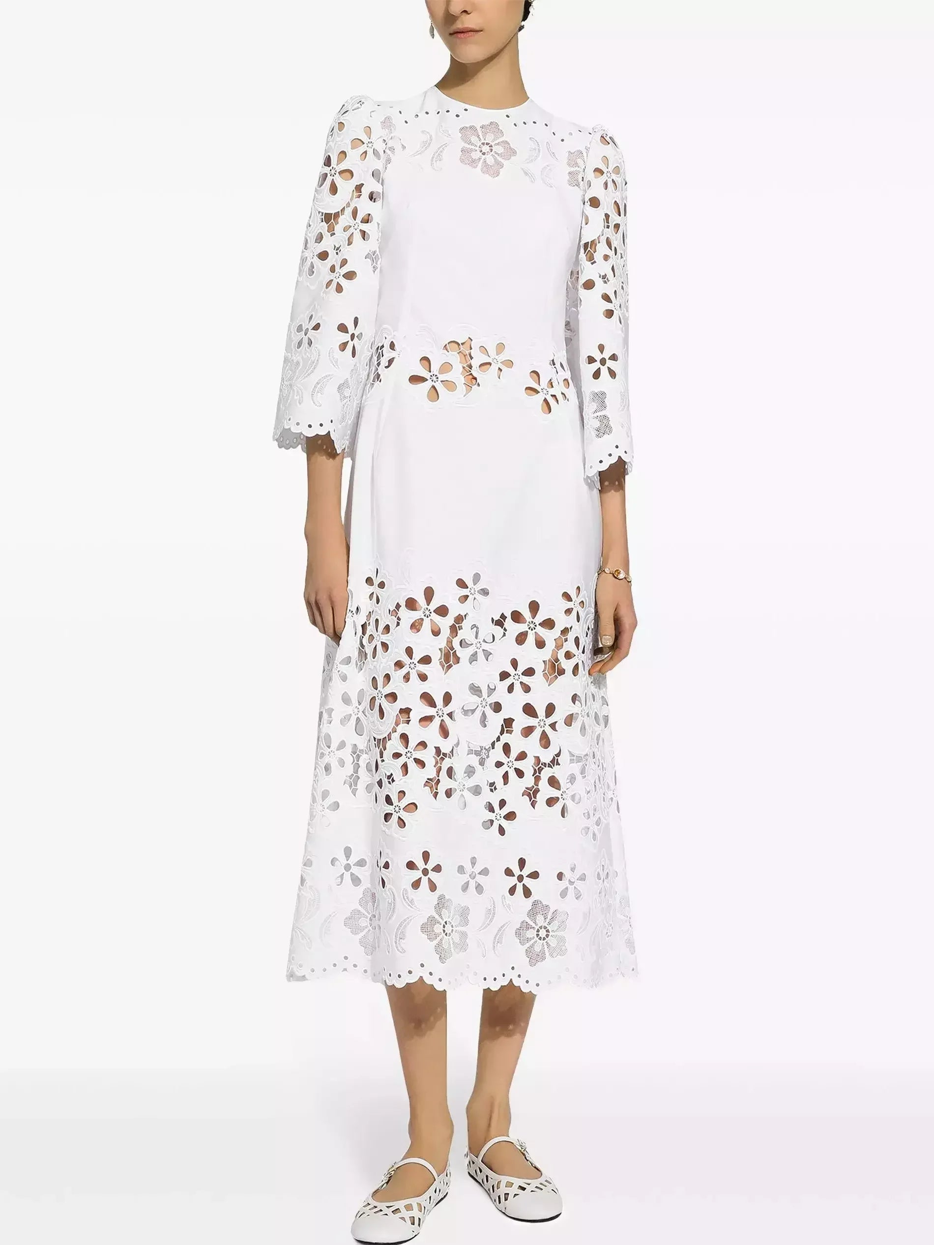 Cut-Out Mid-Calf White Cotton Dress - Dresses