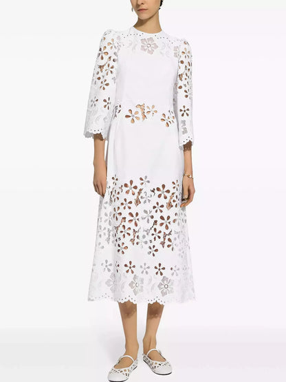 Cut-Out Mid-Calf White Cotton Dress - Dresses