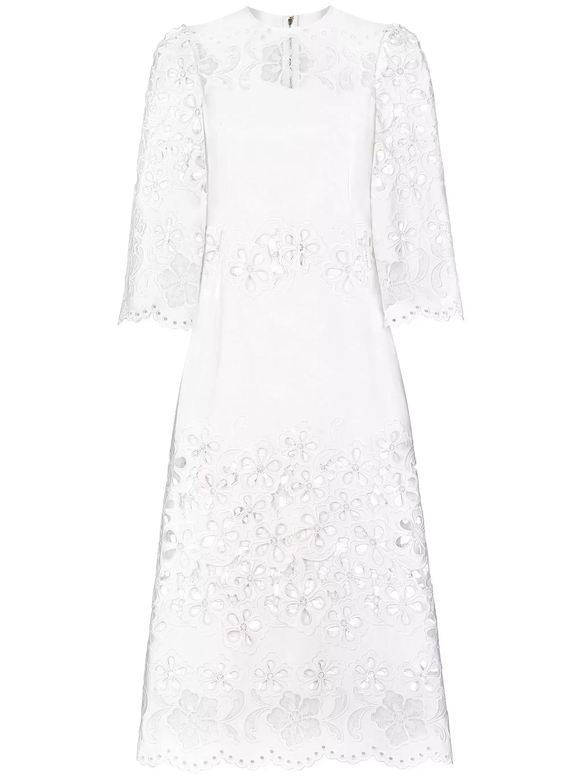 Cut-Out Mid-Calf White Cotton Dress - Dresses