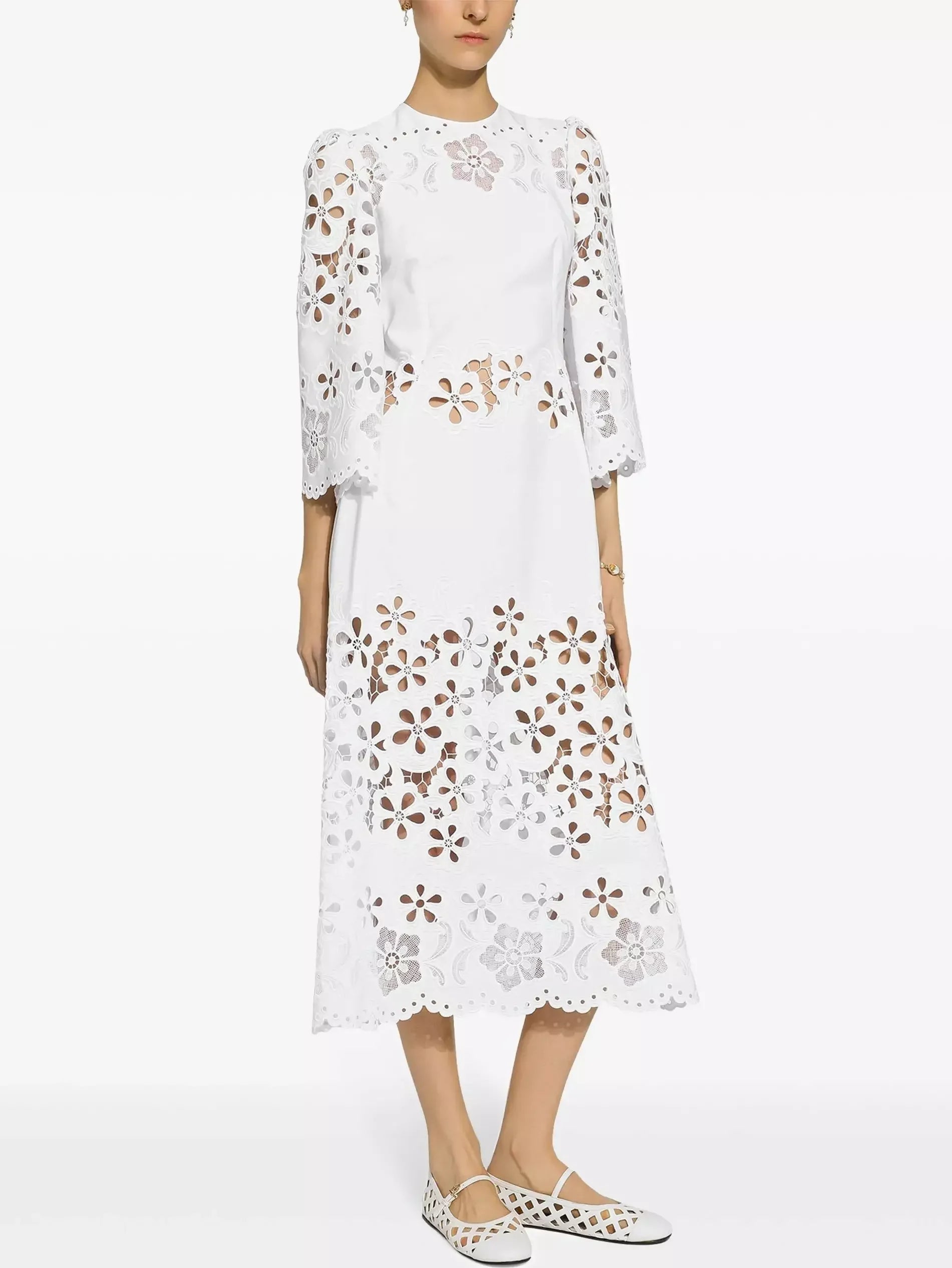 Cut-Out Mid-Calf White Cotton Dress - Dresses