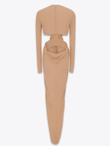 Cut-Out Waist Long Sleeve Ruched Jersey Gown - Dresses