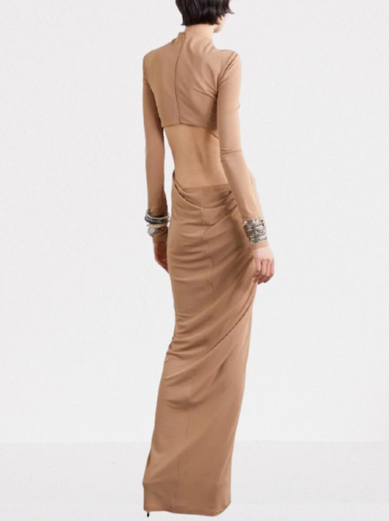 Cut-Out Waist Long Sleeve Ruched Jersey Gown - Dresses