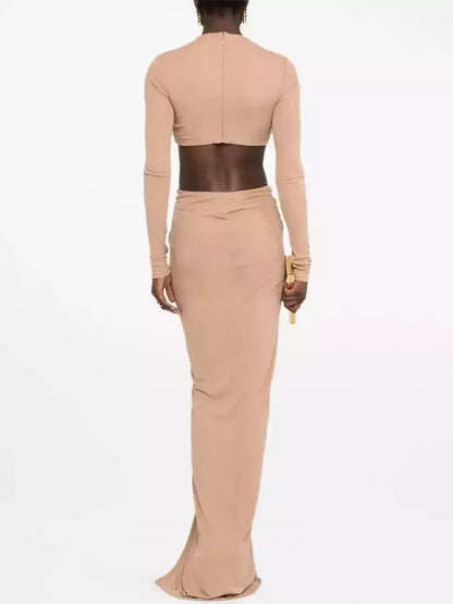 Cut-Out Waist Long Sleeve Ruched Jersey Gown - Dresses