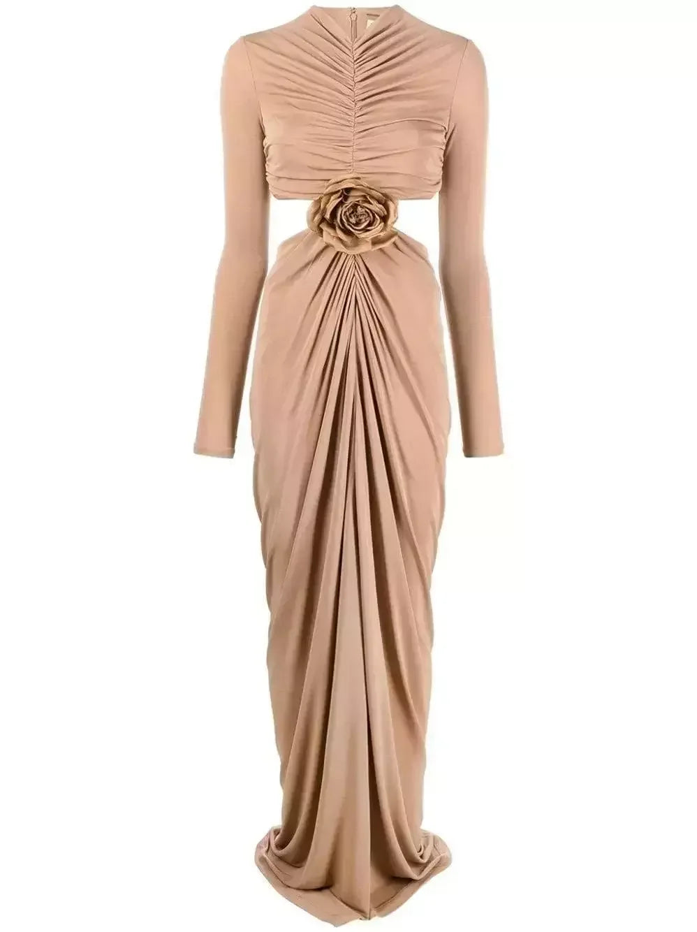 Cut-Out Waist Long Sleeve Ruched Jersey Gown - Dresses