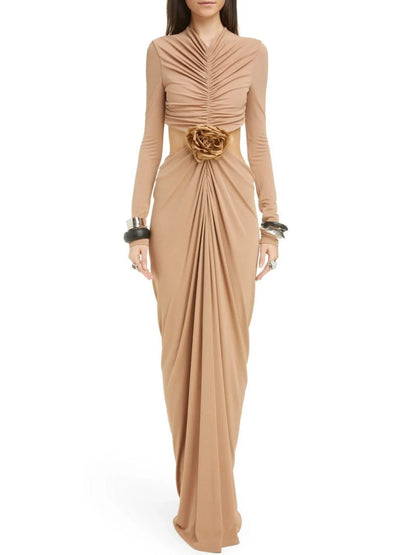 Cut-Out Waist Long Sleeve Ruched Jersey Gown - Dresses