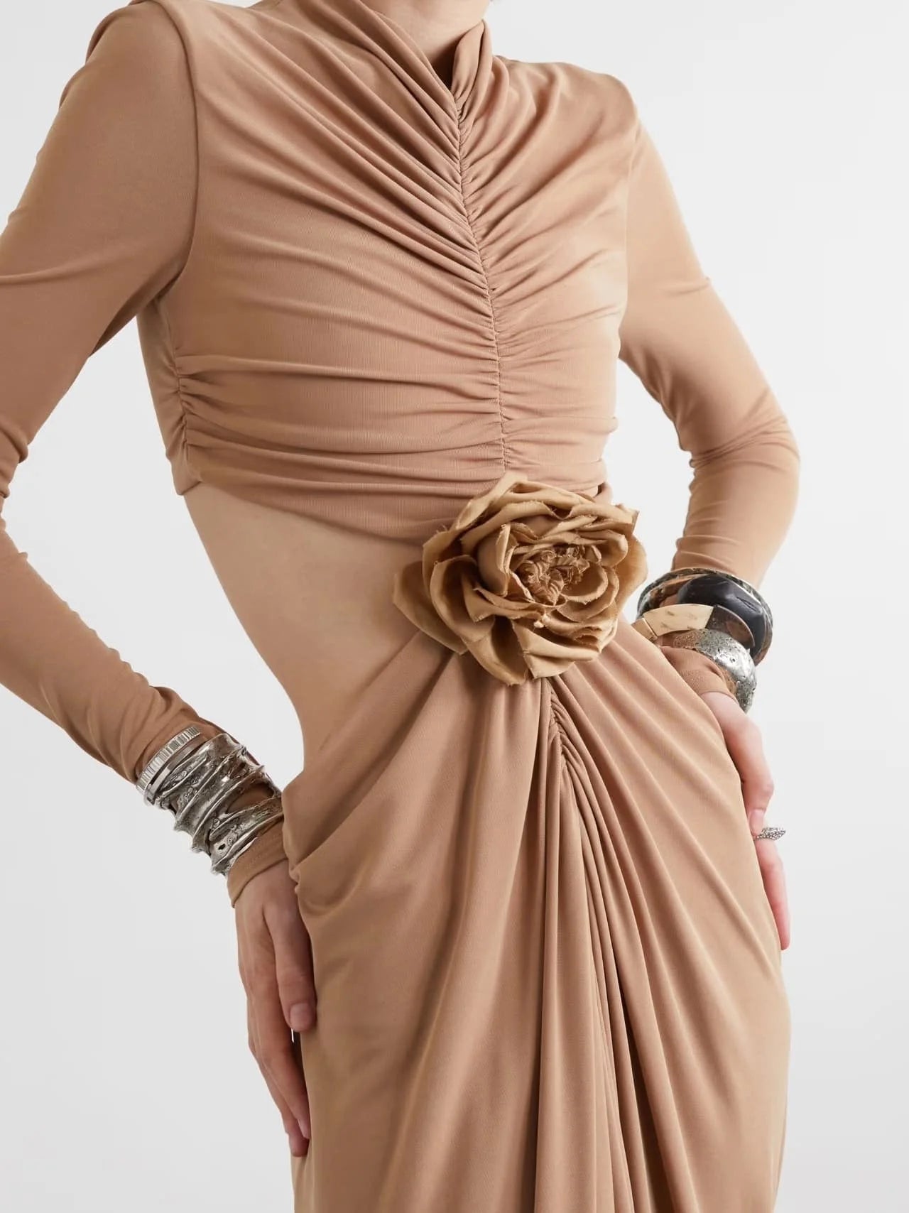 Cut-Out Waist Long Sleeve Ruched Jersey Gown - Dresses
