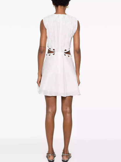Cut-Out White Embroidered Sleeveless Mini Dress - Dresses