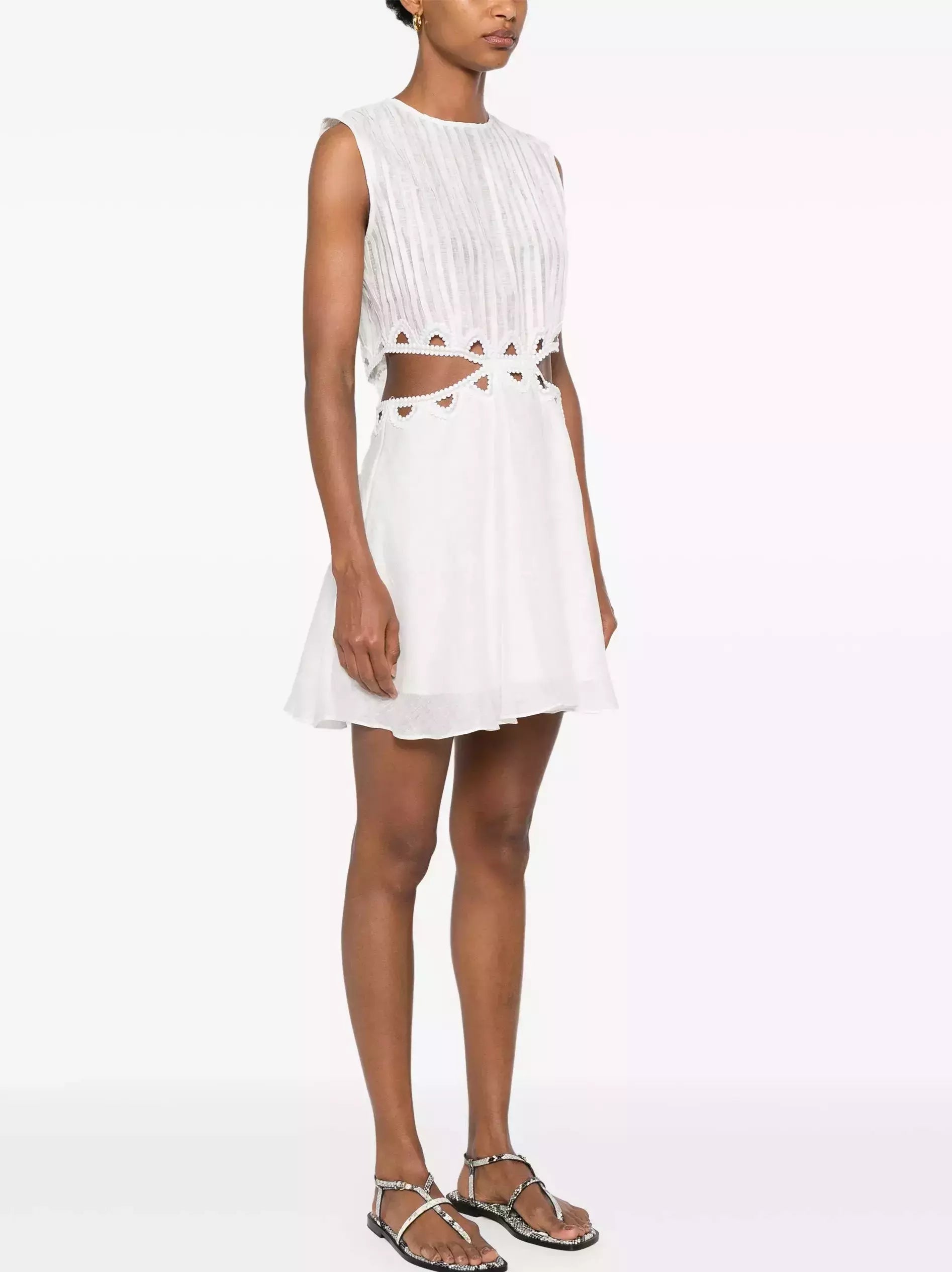Cut-Out White Embroidered Sleeveless Mini Dress - Dresses