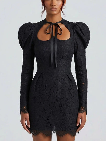 Cutout Lace Puff-Sleeve Mini Dress with Ribbon Tie - S / Black - Dresses