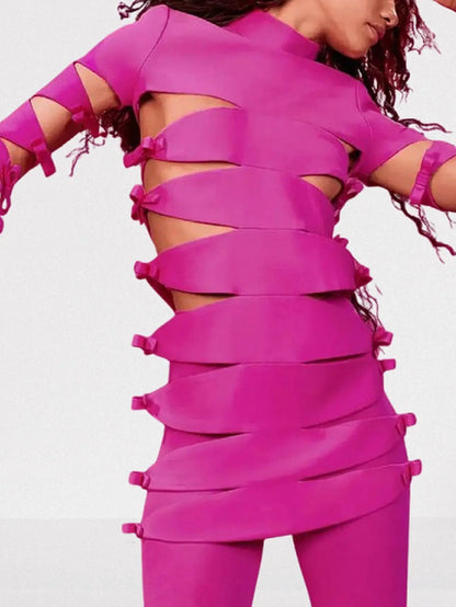 Cutout Bow-Embellished Mini Dress Pink - Dresses